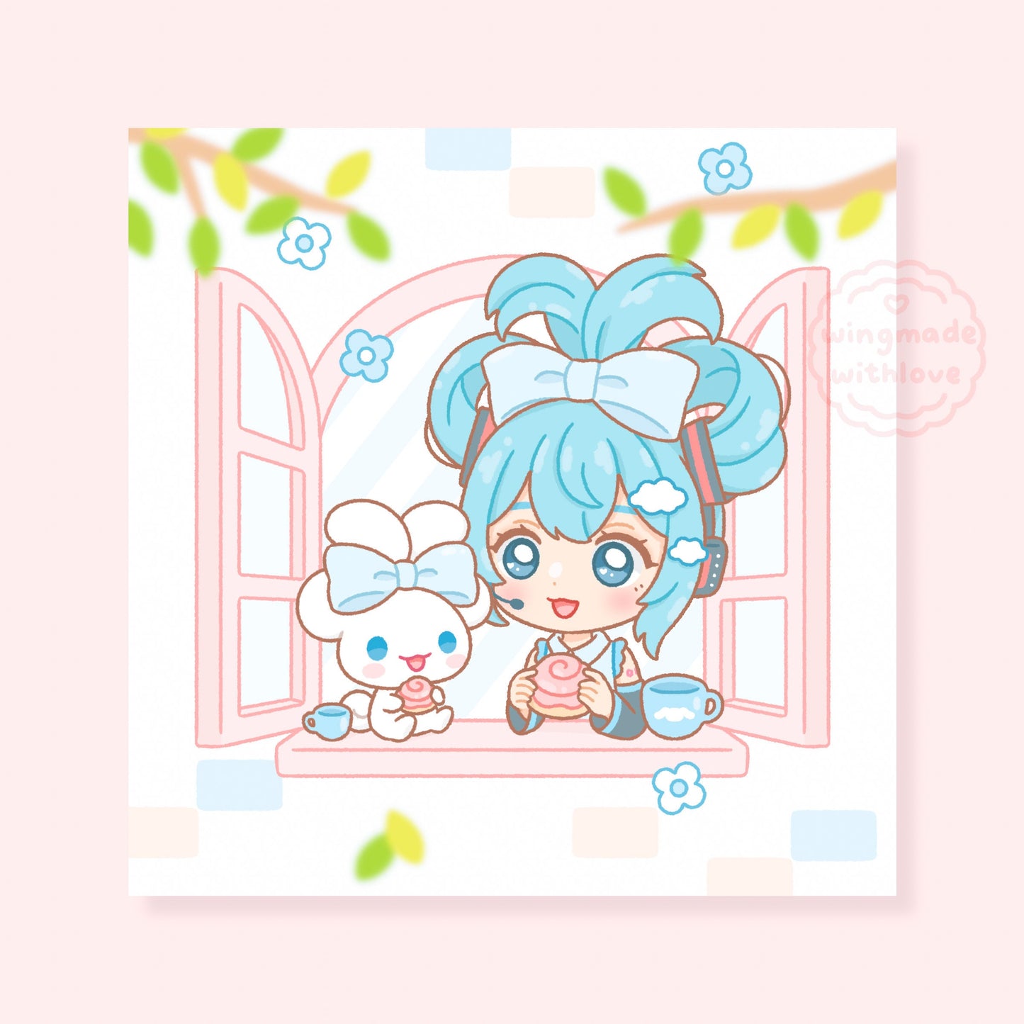 Chibi Hatsune Miku with white puppy